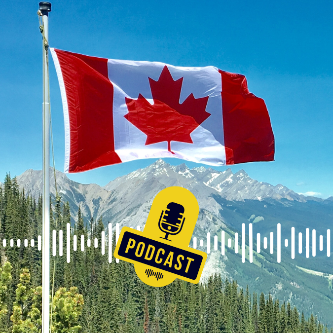 The Canadian flag with mountains in the background and a podcast icon
