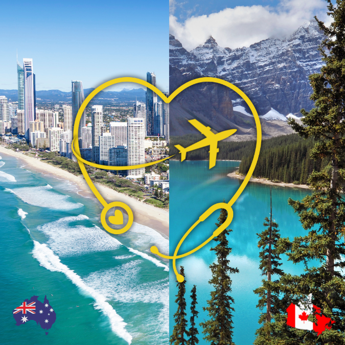 An image split in two with Australia on one side and Canada on the other side