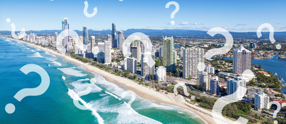 The Australian coastline with question marks over the top