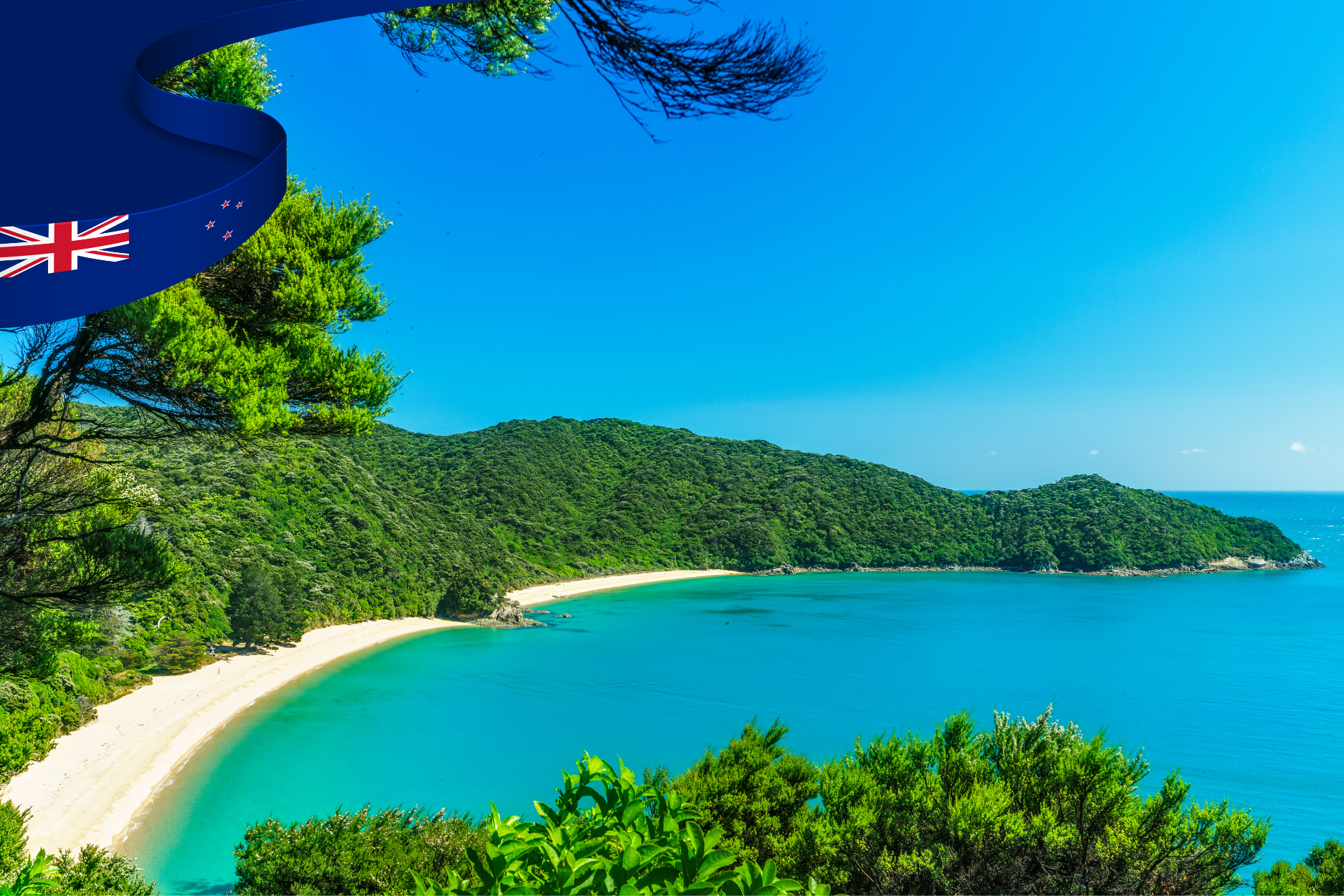 New Zealand coastline with blue water and blue skies